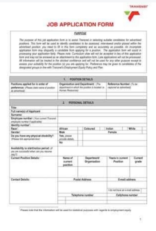 Transnet Job Application PDF Forms